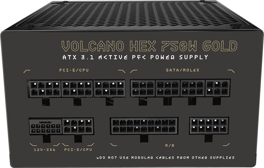 Zasilacz MODECOM Volcano Hex Frontalny widok modularnego panelu zasilacza z bliska, pokazujący wszystkie porty oznaczone jako PCI-E/CPU, SATA/Molex, 12V-2x6 i M/B, okablowanie, organizacja przewodów, obudowa