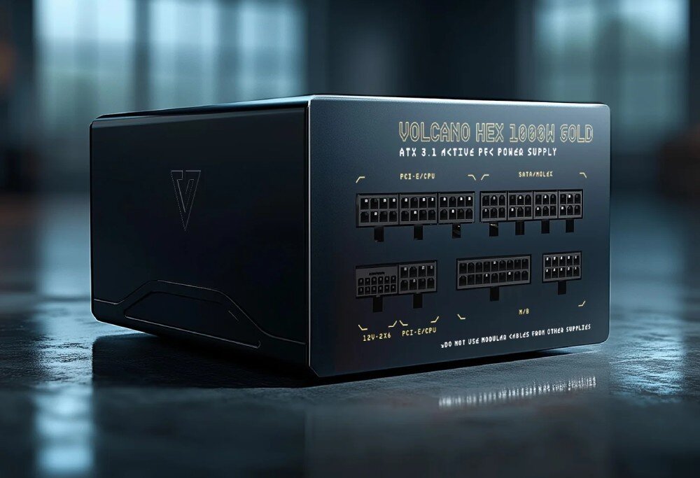 Zasilacz MODECOM Volcano Hex Widok z przodu na czarny zasilacz z oznaczeniami złączy modularnych i napisem 'Volcano Hex 750W Gold ATX 3.1 Active PFC Power Supply', z wyraźnie opisanymi portami PCI-E/CPU, SATA/Molex oraz M/B, opis