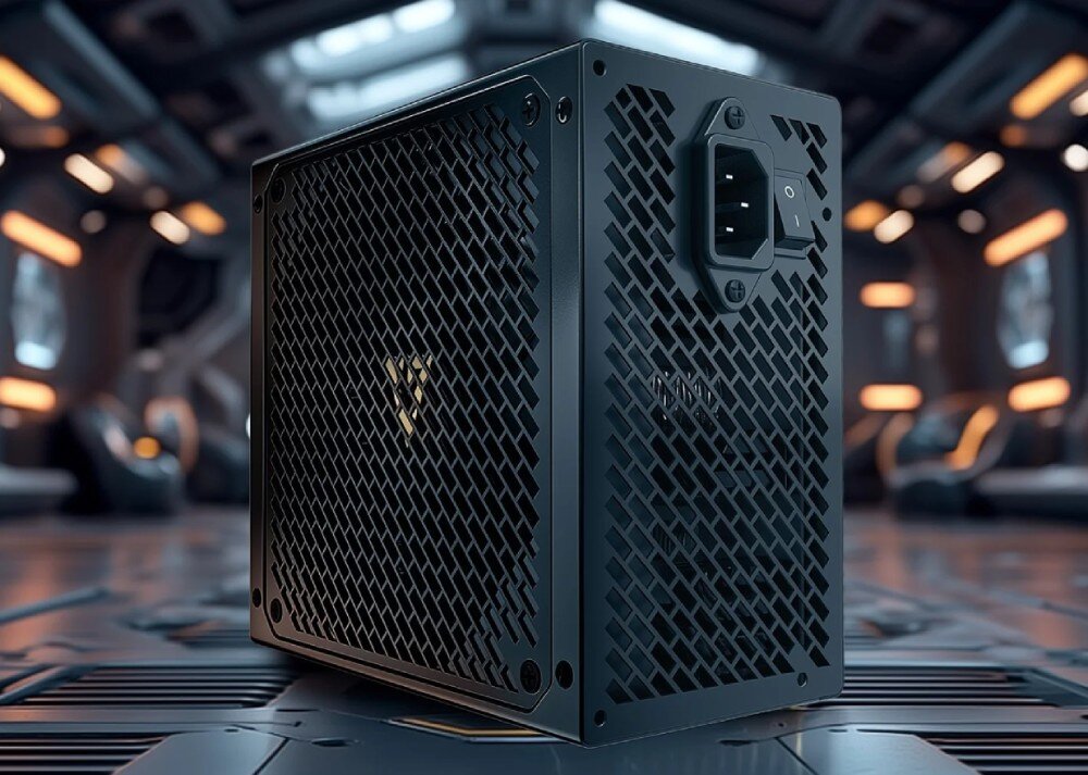 Zasilacz MODECOM Volcano Hex Widok z tyłu zasilacza ustawionego pionowo na futurystycznej podłodze, z dużą kratką wentylacyjną i widocznym gniazdem zasilania oraz włącznikiem, przeznaczenie, zalety, cechy