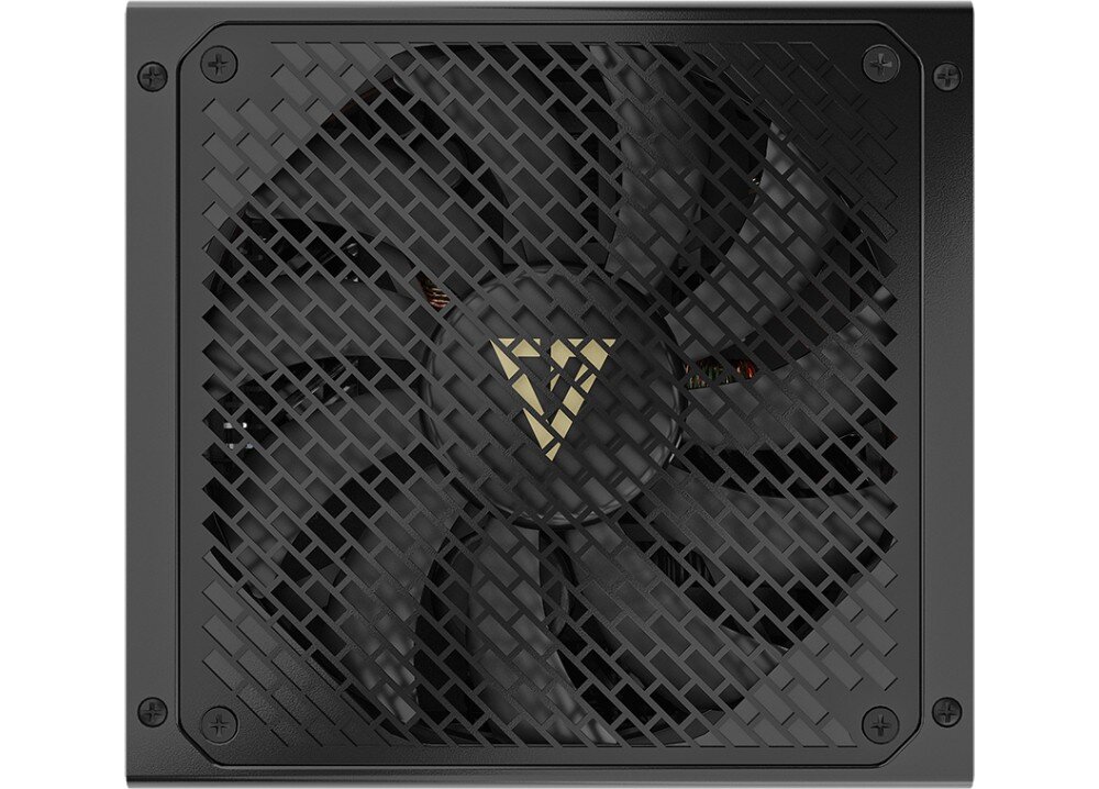 Zasilacz MODECOM Volcano Hex Widok od strony wentylatora z dużym, czarnym śmigłem za kratką wentylacyjną, na środku widoczne logo w kształcie litery V, wentylator, łożysko, głośność, chłodzenie
