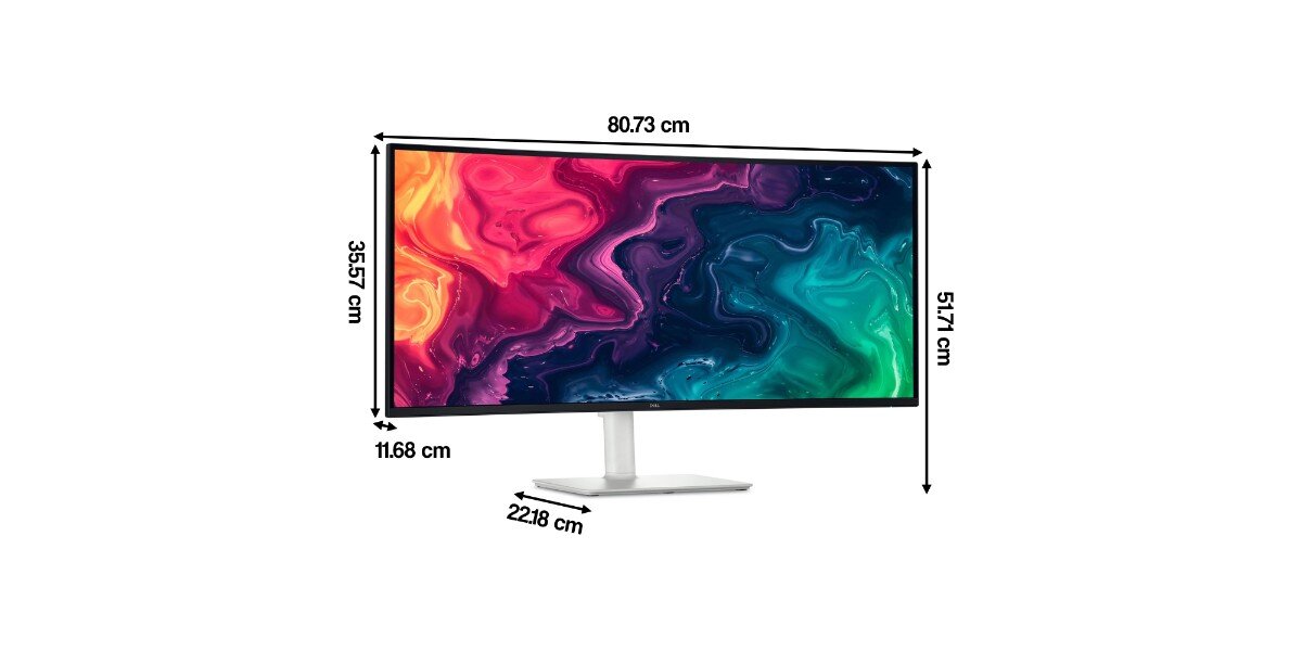 Monitor o zakrzywionym ekranie z kolorowym, abstrakcyjnym wzorem, z widocznymi wymiarami: 80,73 cm szerokości, 35,57 cm wysokości, 51,71 cm głębokości oraz 22,18 cm podstawy. Na dolnej ramce ekranu znajduje się logo 'DELL'.