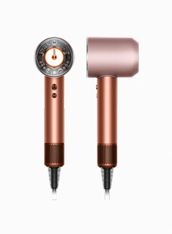 Suszarka Dyson Supersonic Nural w kolorze Bursztynowy jedwab. Widok z przodu i z boku.