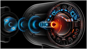 Zbliżenie na podświetlone elementy technologii wbudowane w suszarkę.