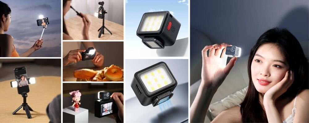 Kolaż zdjęć przedstawiający kompaktową lampę LED używaną w różnych sytuacjach, takich jak fotografia i nagrywanie wideo. Lampa ma kształt sześcianu z widocznymi diodami LED na jednej z powierzchni.