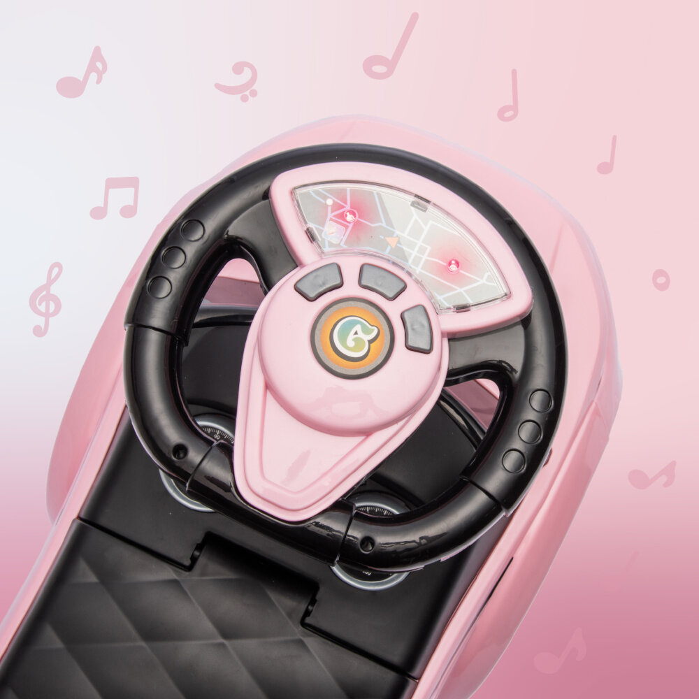Różowa kierownica z czarnymi elementami i przyciskami, z widocznym logo w centralnej części. W tle różowe nutki na jasnoróżowym tle.