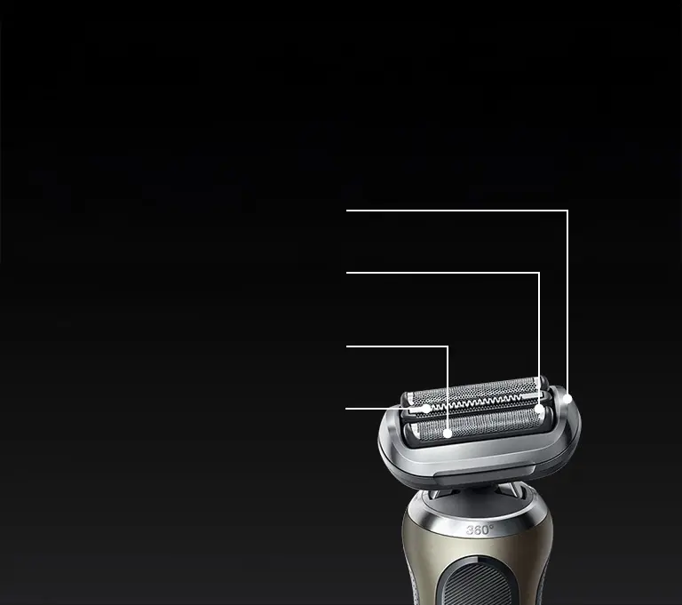 Przedstawienie maszynki Braun z jej poszczególnymi elementami i akcesoriami.