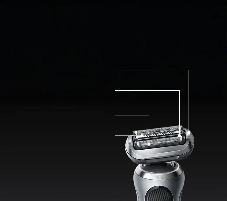 Przedstawienie maszynki Braun z jej poszczególnymi elementami i akcesoriami.