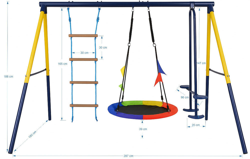 Huśtawka ogrodowa BLACK FOREST CD-S019, regulacja, montaż, system, pierścienie, na białym tle huśtawka frontem na wprost z podaniem jej wymiarów