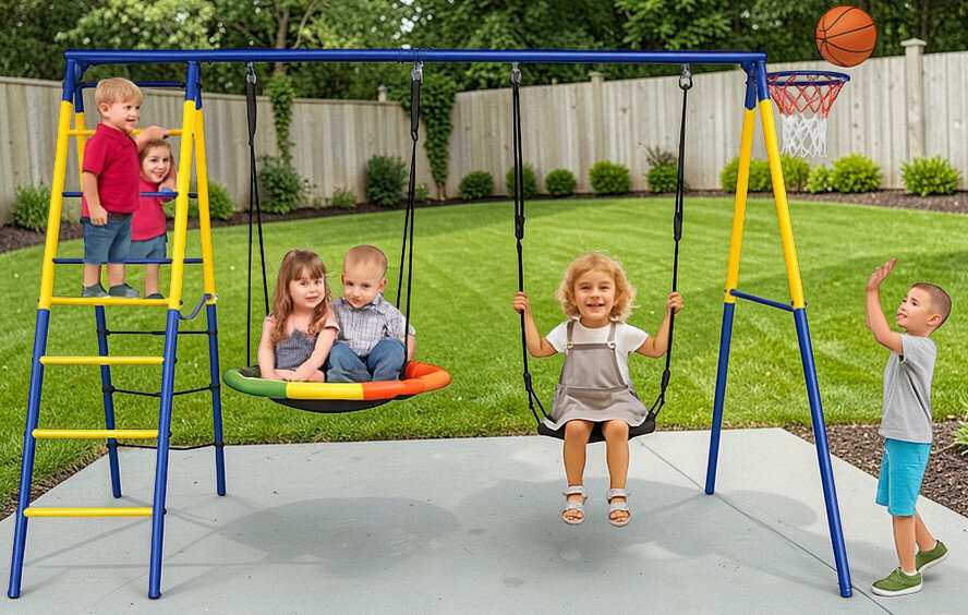 Na obrazie znajduje się kolorowa huśtawka ogrodowa z dwoma siedziskami i drabinką, ustawiona na betonowej powierzchni w ogrodzie. W tle widoczny jest drewniany płot i zielona trawa.