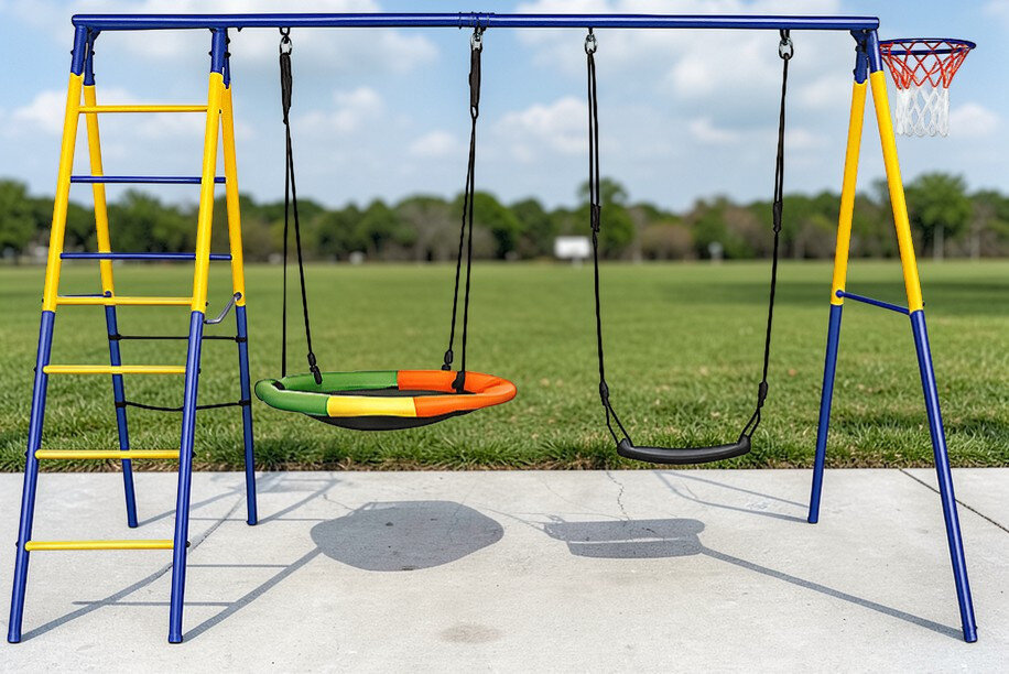 Na zdjęciu znajduje się huśtawka ogrodowa z metalową konstrukcją w kolorach żółtym i niebieskim. Huśtawka posiada dwa siedziska oraz kosz do koszykówki, a w tle widoczny jest trawnik i drzewa.