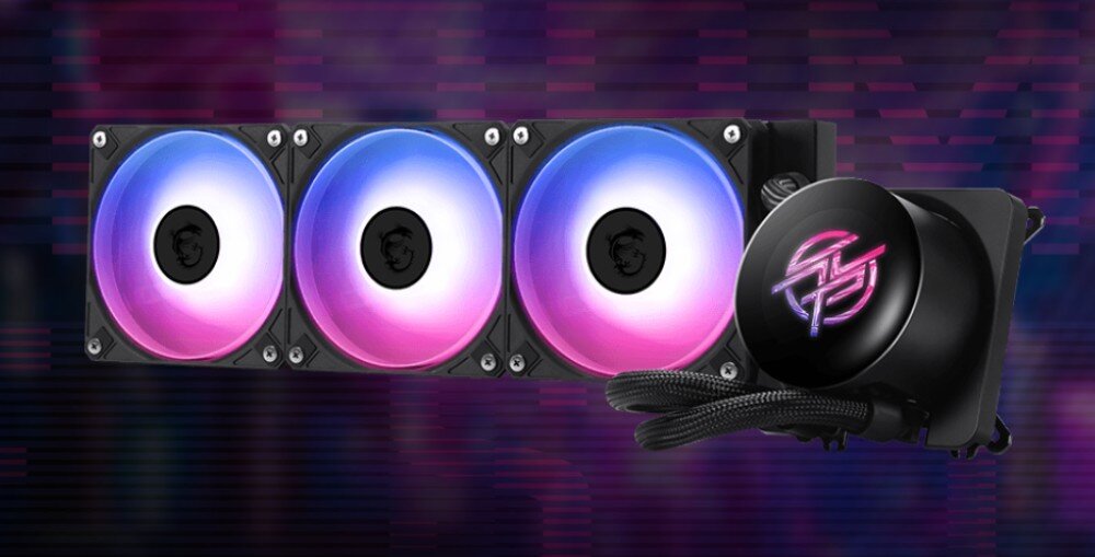 Chłodzenie wodne MSI MPG CoreLiquid P13 360 ARGB Chłodzenie wodne z trzema podświetlanymi wentylatorami i blokiem wodnym na tle cyfrowego wzoru, wygląd, cechy