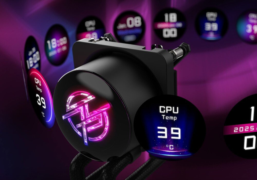 Chłodzenie wodne MSI MPG CoreLiquid P13 360 ARGB Blok wodny z wyświetlaczem LCD pokazującym temperaturę procesora, datę i godzinę, wyświetlacz, rozdzielczość, monitorowanie parametrów