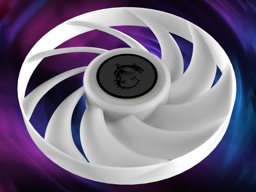 Chłodzenie wodne MSI MPG CoreLiquid P13 360 ARGB Zbliżenie na biały wentylator z dziewięcioma zakrzywionymi łopatkami i logo smoka na środku, wentylatory, łopatki, łożyska, podświetlenie