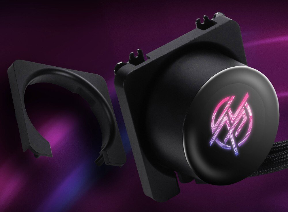 Chłodzenie wodne MSI MPG CoreLiquid P13 360 ARGB Blok wodny z podświetlanym logo obok oddzielnego, czarnego uchwytu montażowego, zaślepka