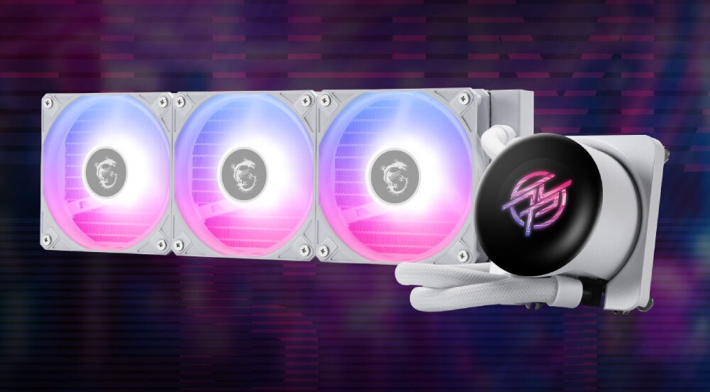 Chłodzenie wodne MSI MPG CoreLiquid P13 360 ARGB Chłodzenie wodne z trzema podświetlanymi wentylatorami i blokiem wodnym na tle cyfrowego wzoru, wygląd, cechy