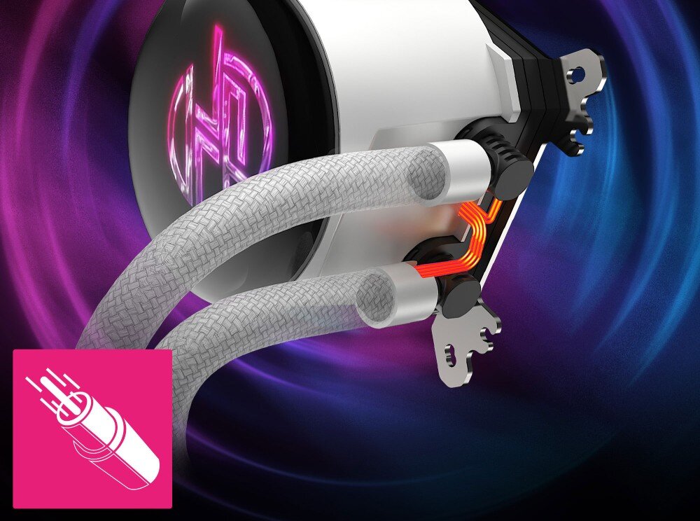 Chłodzenie wodne MSI MPG CoreLiquid P13 360 ARGB Zbliżenie na blok wodny i przewody w oplocie, z grafiką ilustrującą ukrycie kabli wewnątrz, technologia, przewody