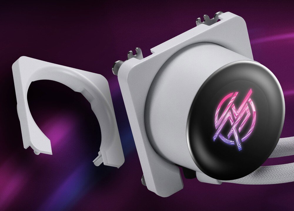 Chłodzenie wodne MSI MPG CoreLiquid P13 360 ARGB Blok wodny z podświetlanym logo obok oddzielnego, białego uchwytu montażowego, zaślepka