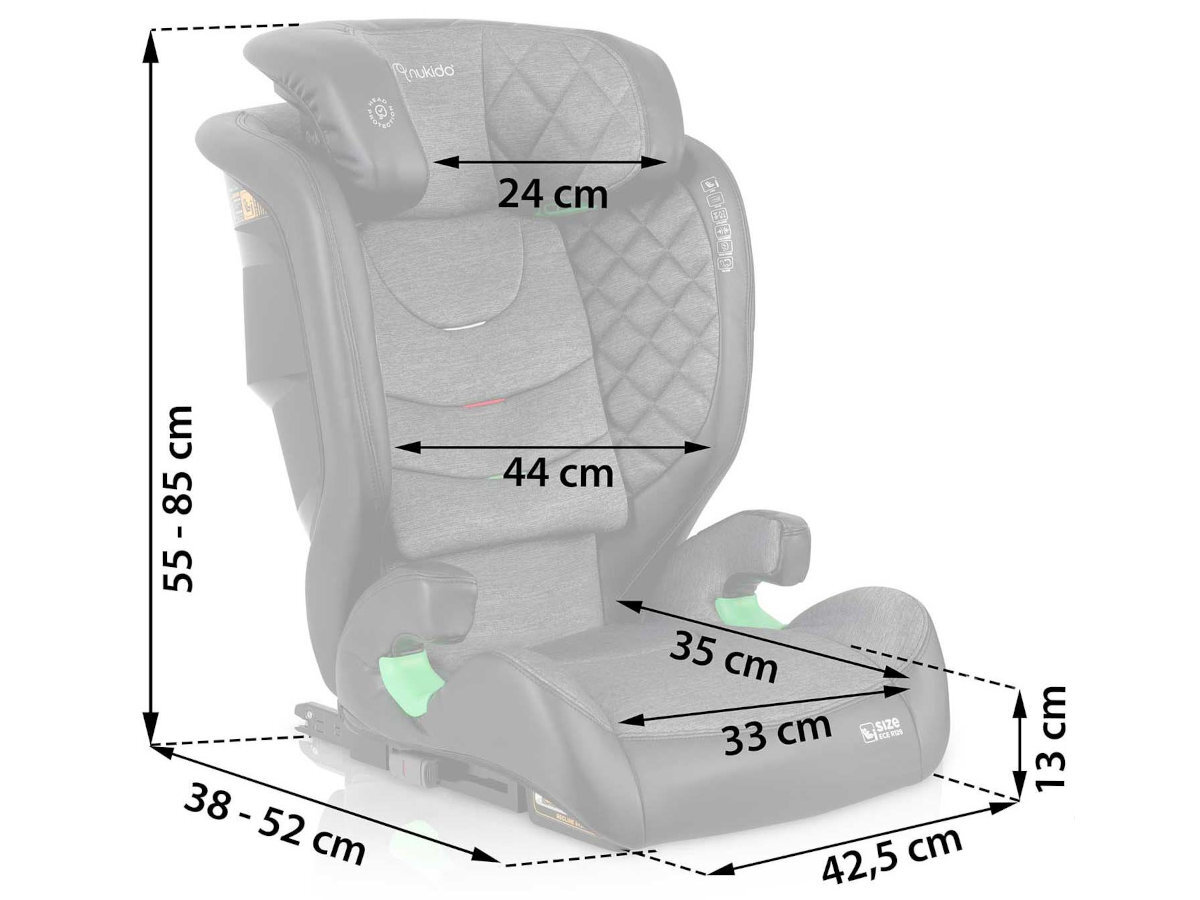 Fotelik samochodowy z szarym, pikowanym obiciem, z zaznaczonymi wymiarami: wysokość 55-85 cm, szerokość 38-52 cm, głębokość siedziska 33 cm, szerokość siedziska 35 cm, szerokość oparcia 44 cm, szerokość zagłówka 24 cm, wysokość siedziska 13 cm. Na foteliku widoczne są napisy \'Nukido\' i \'i-Size\'.