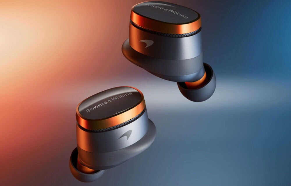 Słuchawki dokanałowe BOWERS & WILKINS PI8 McLaren ANC wysoka jakość dźwięku aptX Lossless, słuchawki dokanałowe z pomarańczowo niebieskim tłem
