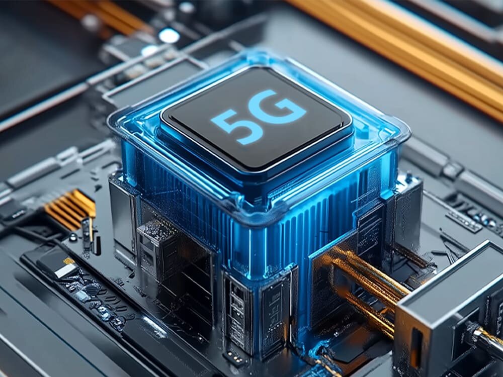 Router ZTE G5 Ultra MC8512 Zbliżenie na błyszczący, niebieski chip 5G osadzony na płycie głównej. Obraz symbolizuje wydajny, czterordzeniowy procesor 5G, który zapewnia płynne działanie urządzenia.