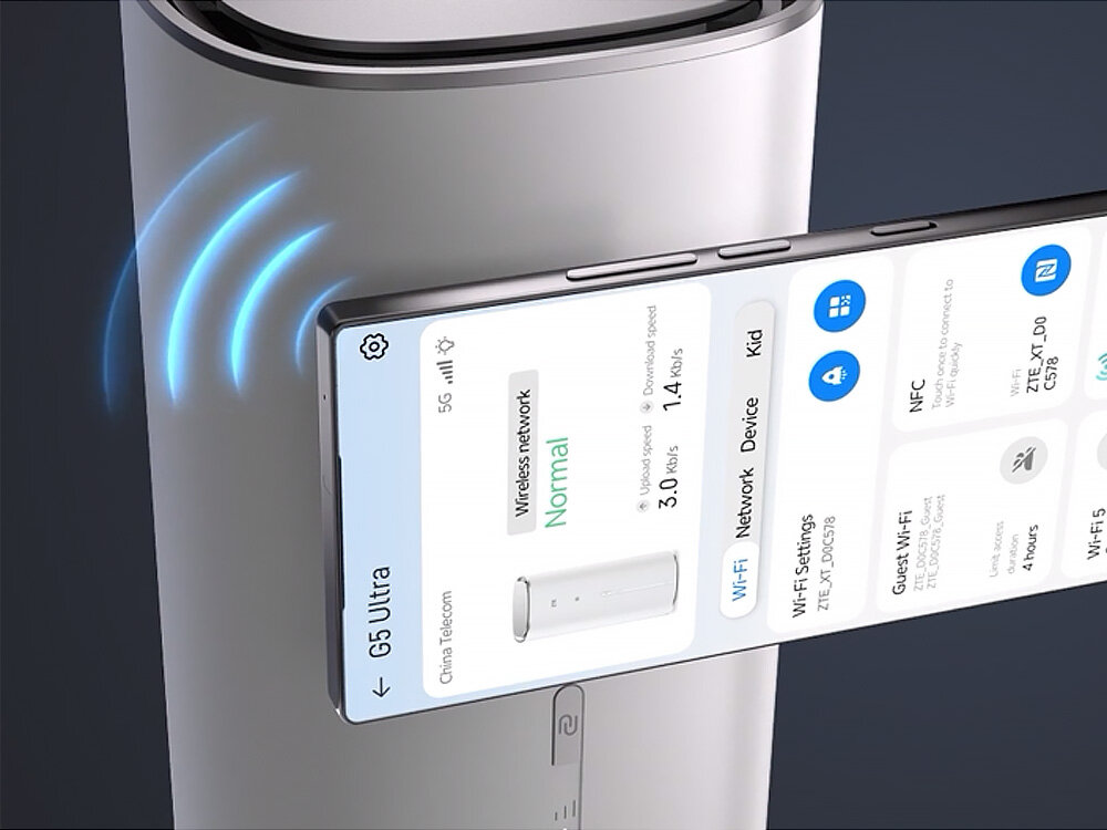 Router ZTE G5 Ultra MC8512 Smartfon z widocznymi ustawieniami sieci 5G unoszący się obok routera, z którego wychodzą fale Wi-Fi. Obraz pokazuje funkcję NFC umożliwiającą szybkie parowanie urządzeń.