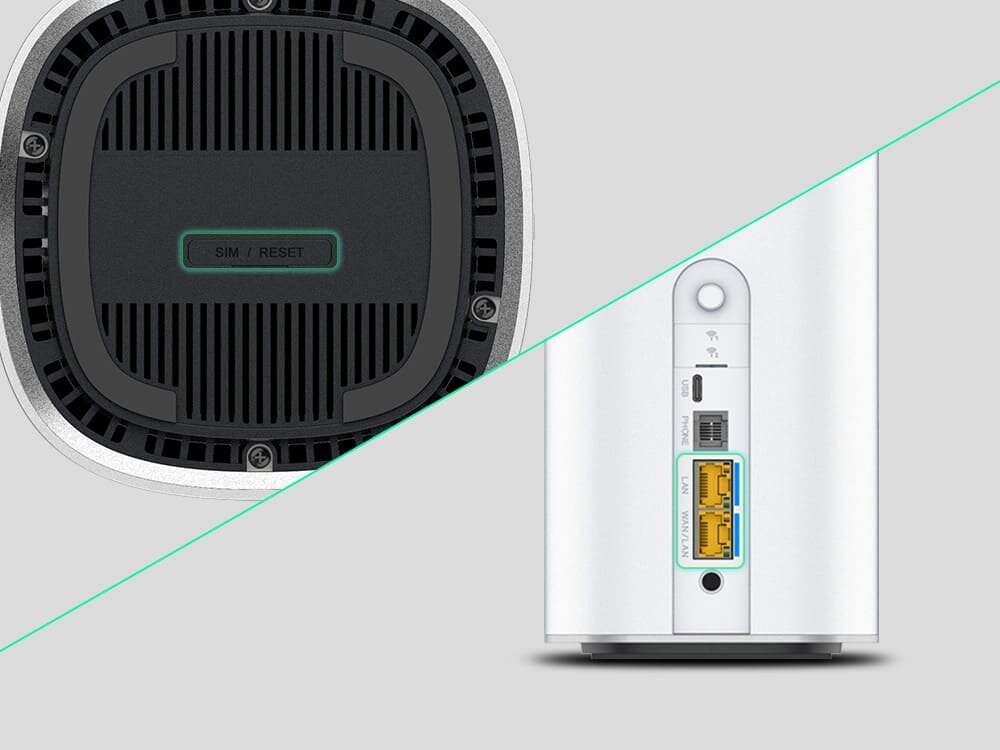 Router ZTE G5 Ultra MC8512 Biały, cylindryczny router na szarym tle, widoczny przycisk SIM/reset oraz porty LAN i telefoniczne. Obraz symbolizuje funkcję Dual SIM i stabilne przełączanie połączeń.