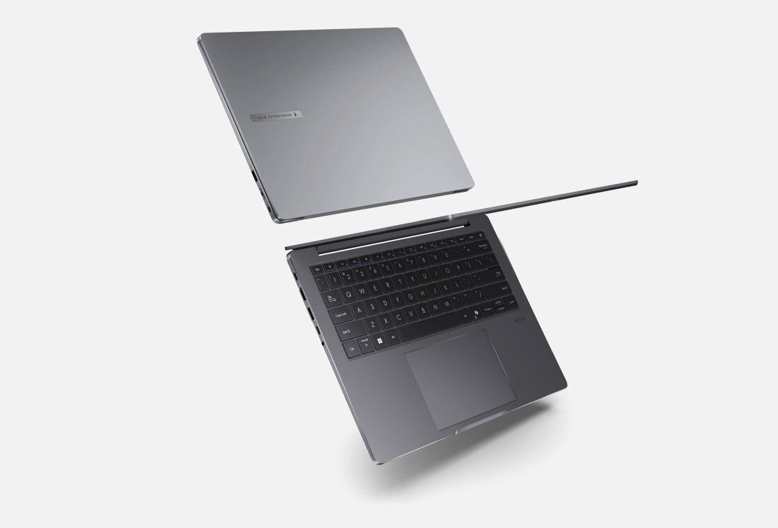 Dwa laptopy ASUS ExpertBook unoszą się nad tłem, prezentując cienką obudowę oraz widoczne porty po bokach urządzenia - KONSTRUKCJA I EKRAN