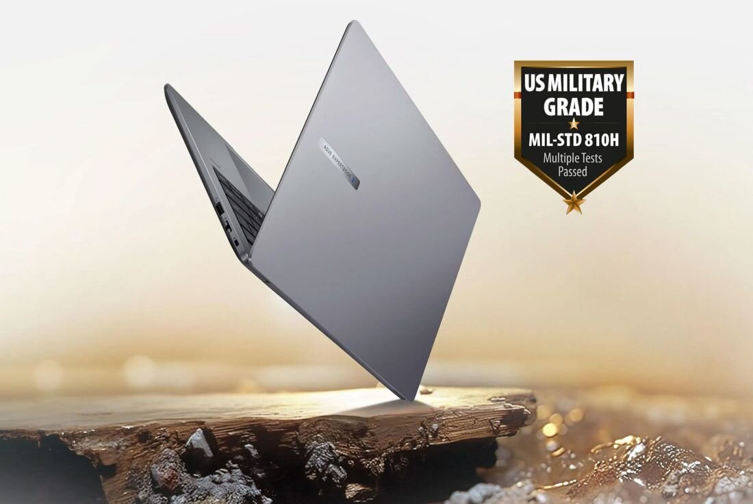 Laptop ASUS ExpertBook unosi się nad skałą, a obok widoczny znak MIL‑STD‑810H informujący o testach wytrzymałości - OBUDOWA I BATERIA  