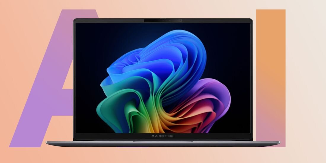 Laptop ASUS ExpertBook pokazany frontalnie wyświetla kolorową abstrakcyjną grafikę ekranu, ustawiony na tle z dużymi litermi AI - WPROWADZENIE  