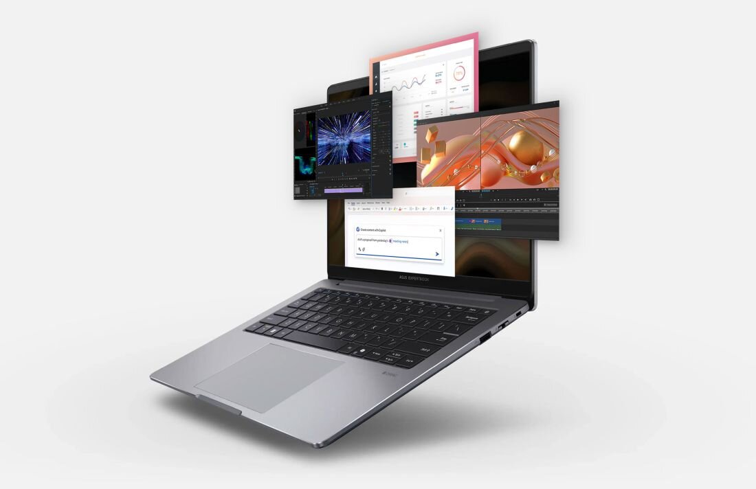 Laptop ASUS ExpertBook wyświetla wiele okien aplikacji nakładających się na ekran, ilustrując wydajność podczas pracy wielozadaniowej w biurze - Szybka wielozadaniowość AMD Ryzen AI DDR5 SSD