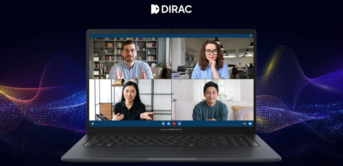 ASUS ExpertBook BM1 z technologią audio Dirac podczas wideokonferencji z czterema uczestnikami na kolorowym tle z efektami dźwiękowymi, demonstrująca wysoką jakość dźwięku - Dźwięk Dirac 