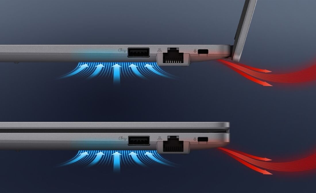 Schemat systemu chłodzenia ExpertCool w ASUS ExpertBook P1 kierującego ciepło na tył urządzenia z wentylatorami i radiatorami
