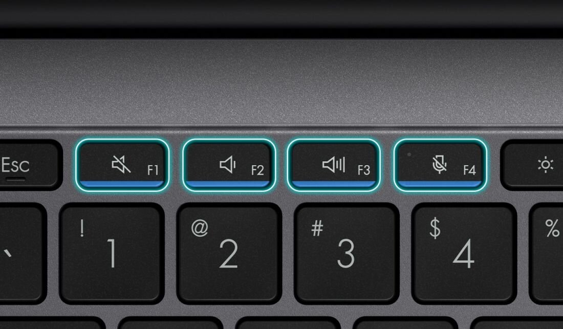 Klawiatura ASUS ExpertBook P1 z dedykowanymi skrótami do sterowania wideokonferencjami - wyciszenie mikrofonu i kamery