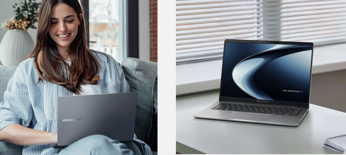 Profil boczny laptopa ASUS ExpertBook pokazuje cienką obudowę i porty na tle z dynamicznymi niebieskimi liniami - OBUDOWA I BATERIA  