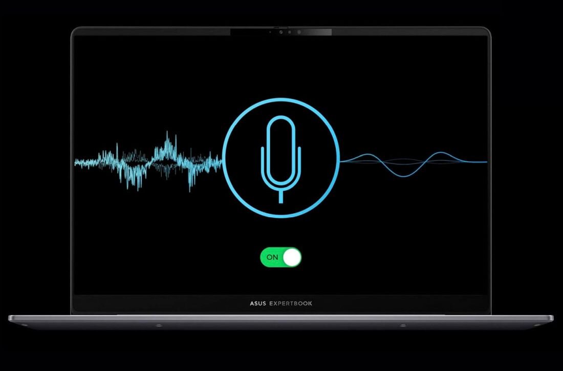 Laptop ASUS ExpertBook wyświetla ikonę mikrofonu z falami dźwiękowymi i przełącznikiem ON na czarnym tle - AI Noise Cancellation 