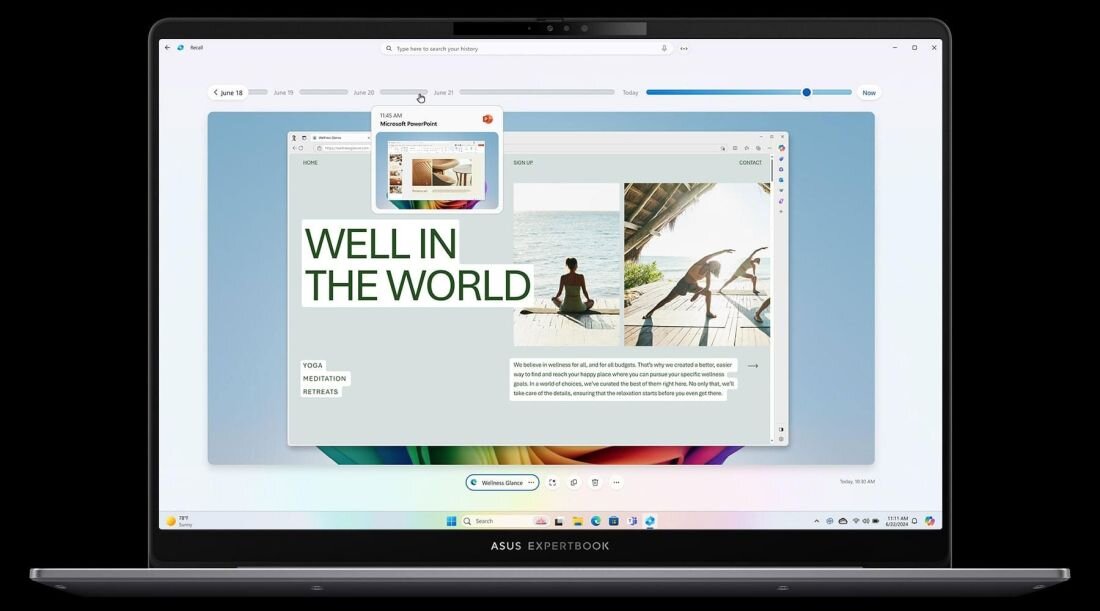 Laptop ASUS ExpertBook wyświetla interfejs aplikacji z panelem historii i otwartymi oknami pracy na jasnym tle systemowym - Copilot+ PC  