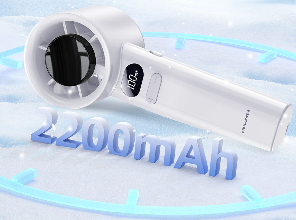 Biały wentylator z wyświetlaczem cyfrowym i napisem \'awei\' na rączce, umieszczony na tle z napisem \'2200mAh\'.