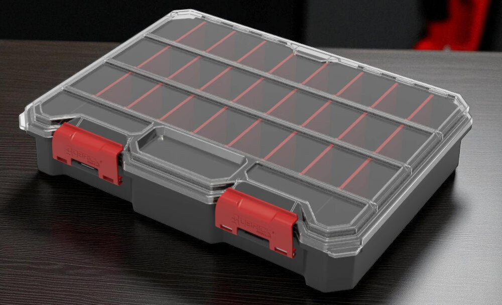 Organizer QBRICK Compact L Black ORGQRCLCZAPL225 na blacie roboczym z warsztatem w tle