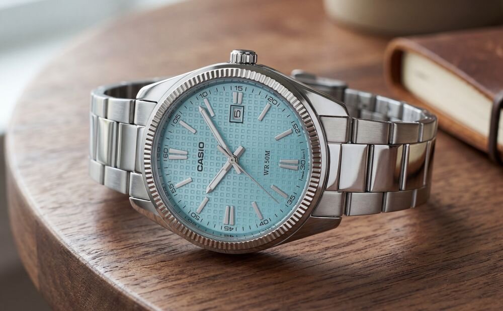 Casio MTP-1302PE-2AVEF elegancki zegarek męski stal nierdzewna jasnoniebieska tarcza Timeless Collection