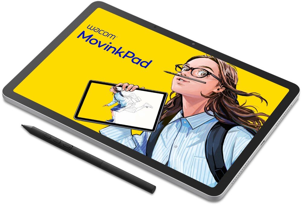 Tablet graficzny z wyświetlaczem przedstawiającym ilustrację osoby z piórem w ustach i tabletem w ręku na żółtym tle. Widoczny tekst: \'wacom MovinkPad\'.