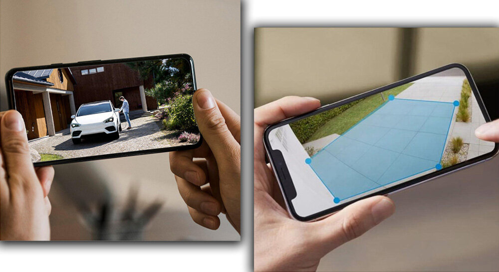 Na pierwszym zdjęciu widać osobę trzymającą smartfon, na ekranie którego wyświetlany jest obraz z kamery przedstawiający samochód przed domem. Na drugim zdjęciu widoczny jest smartfon z aplikacją pokazującą obszar monitorowany przez kamerę, zaznaczony niebieskim wielokątem.
