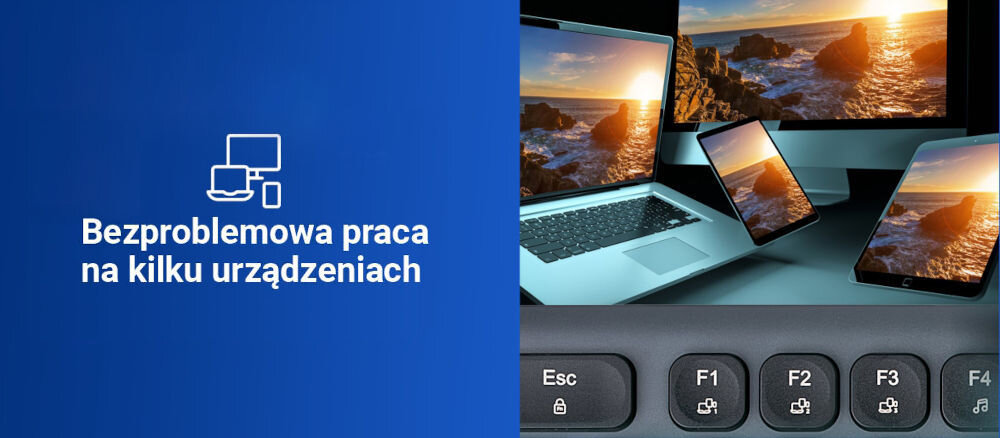Zestaw HAMA WKM-550 Czarno-szary,
możliwość jednoczesnego sparowania z trzema urządzeniami poprzez 1 kanał radiowy i 2 połączenia bluetooth, szybkie przełączanie między urządzeniami za pomocą przycisków F1-F3,
niebieskie tło, laptop, tablet, smartfon, przyciski do przełączania urządzeń, napis bezproblemowa praca na kilku urządzeniach