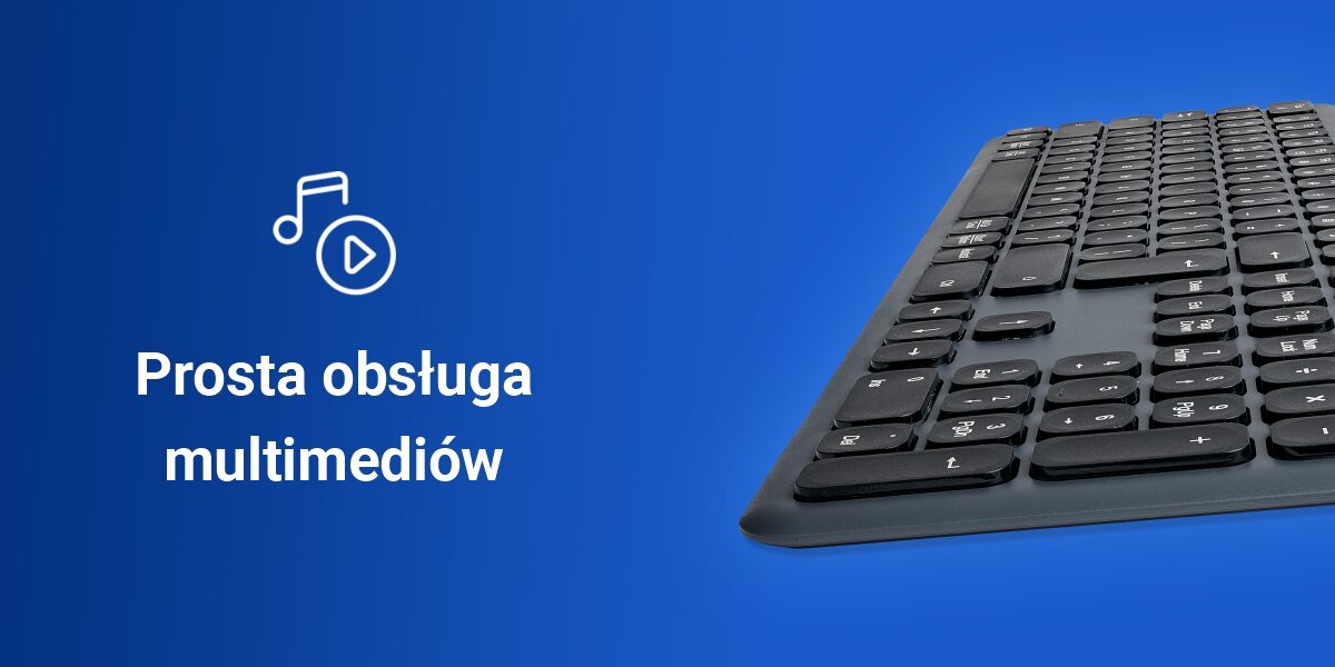 Zestaw HAMA WKM-550 Czarno-szary szybki dostęp do funkcji dedykowane
klawisze multimedialne, funkcja FN-Lock, produkt na niebieskim tle, ikona multimediów, napis prosta obsługa multimediów