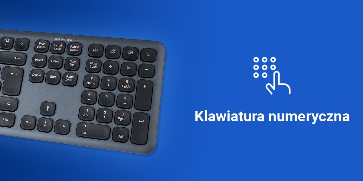 Zestaw HAMA WKM-550 Czarno-szary,
pełnowymiarowa wygoda, obudowa z tworzywa ABS, ergonomiczne, wklęsłe klawisze, klawisze numeryczne, wbudowany wyłącznik
prawa połówka produktu na niebieskim tle, napis klawiatura numeryczna