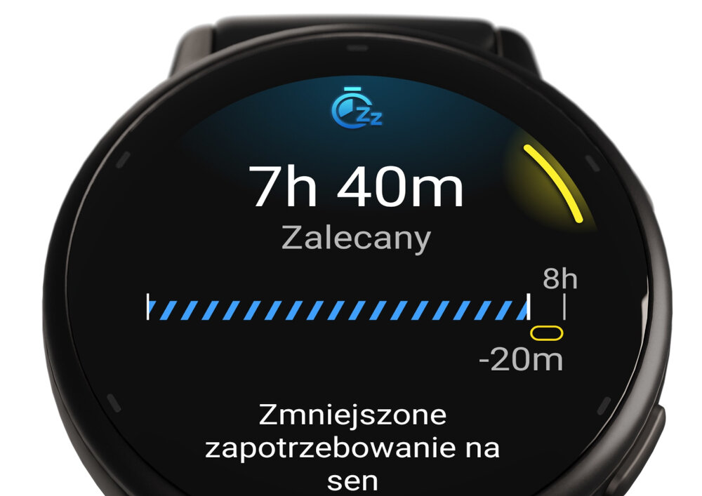 Wyświetlacz zegarka sportowego pokazuje czas 7h 40m z napisem \'Zalecany\'. Poniżej znajduje się tekst \'Zmniejszone zapotrzebowanie na sen\'.
