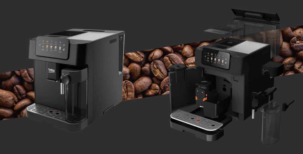 Ekspres BEKO CaffeExperto CEG7304B kolorowy panel dotykowy 10 różnych rodzajów kaw kawa kawy mleczne funkcja podgrzewania filiżanek podświetlenie kubka komfort użytkowania trzy tryby pracy Eco Szybki Domyślny dostosowanie potrzeby