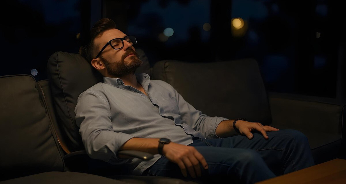 Wieża SHARP XL-B720D z USB, Bluetooth, AUX i odtwarzaczem CD, osoba siedząca na kanapie