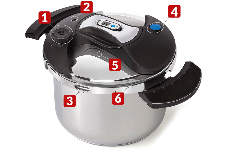 Szybkowar MPM MGS-07 wielostopniowy system zabezpieczen regulacja cisnienia zawor bezpieczenstwa okienko bezpieczenstwa wskaznik cisnienia pokrywa z systemem bezpiecznego zamykania silikonowa uszczelka