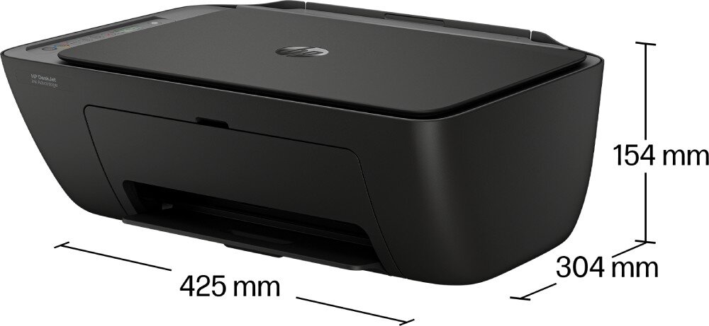 Urządzenie wielofunkcyjne HP DeskJet 2910 Czarna obudowa urządzenia wielofunkcyjnego pokazana pod kątem na białym tle wraz z naniesionymi wymiarami zewnętrznymi. Szerokość wynosi 425 mm, głębokość 304 mm, a wysokość 154 mm, cechy, funkcje