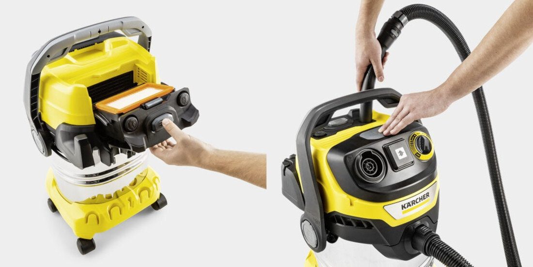 Na obrazie widoczny jest żółto-czarny odkurzacz warsztatowy z logo KARCHER, z otwartą pokrywą i wyjmowanym filtrem. Obok pokazano ręce trzymające wąż odkurzacza przy jego uchwycie.